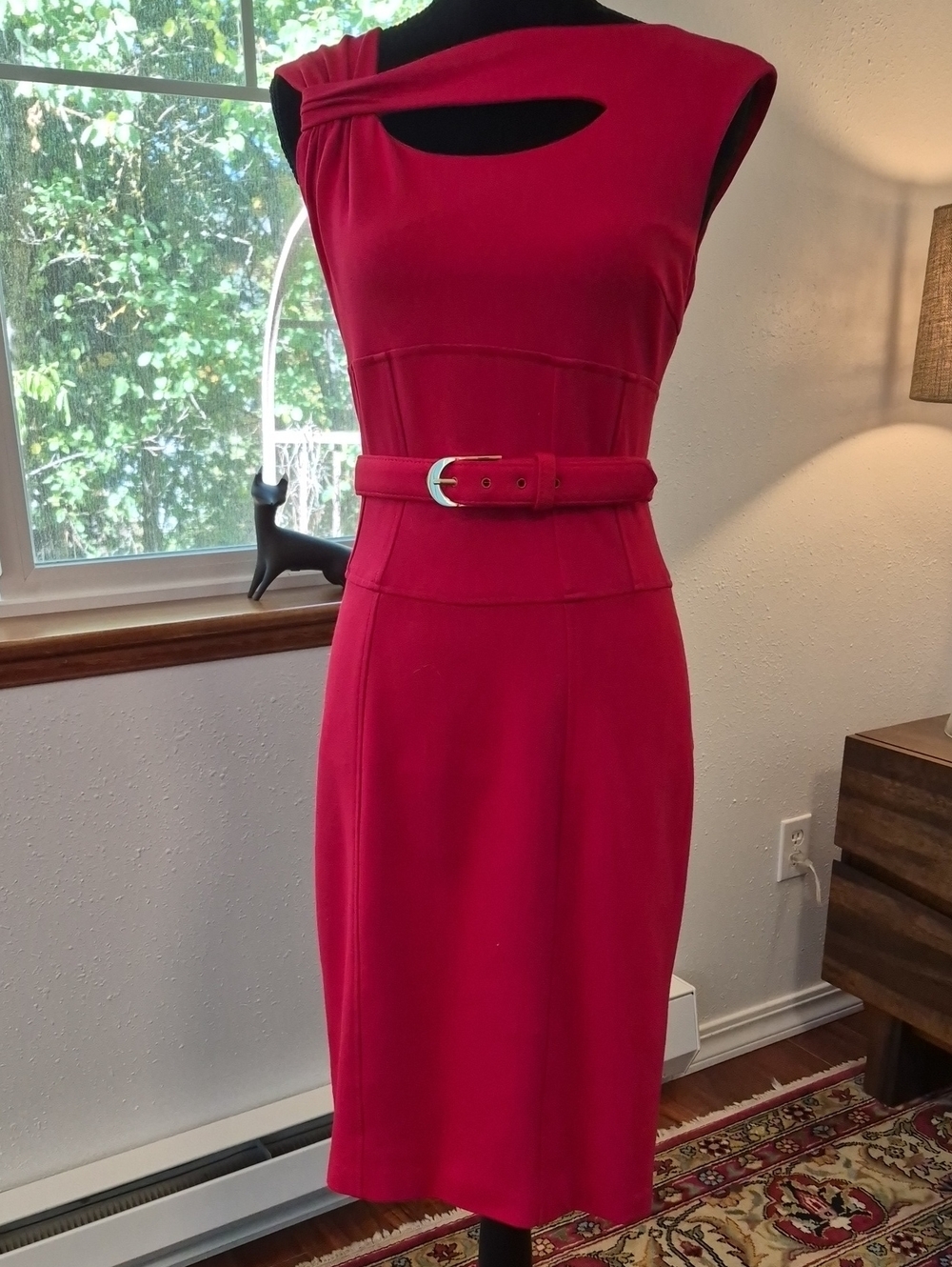 CACHE 90s Asymetrical Cut Out Sheath Dress Red 4